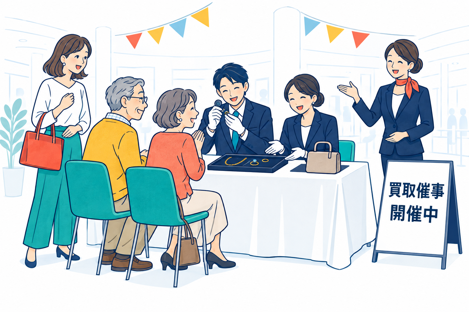 笑顔のお客様と査定スタッフが集う買取催事開催中のイメージイラスト