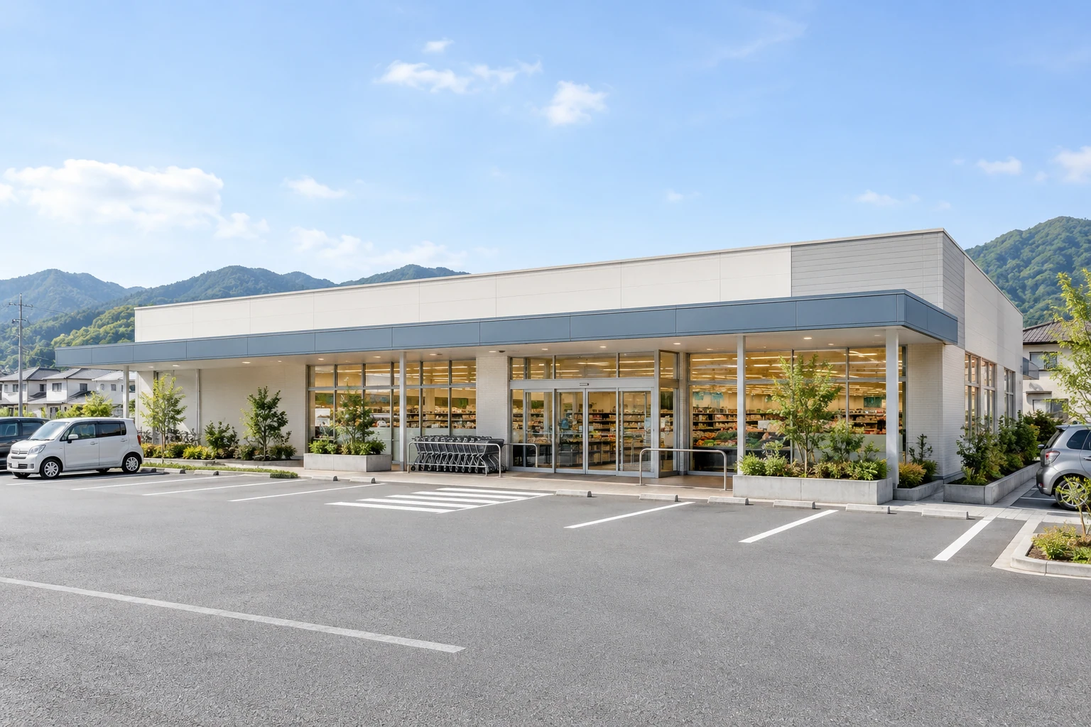 建物全体と入口・店頭・駐車場が見える、地域のスーパーマーケットの外観イメージ